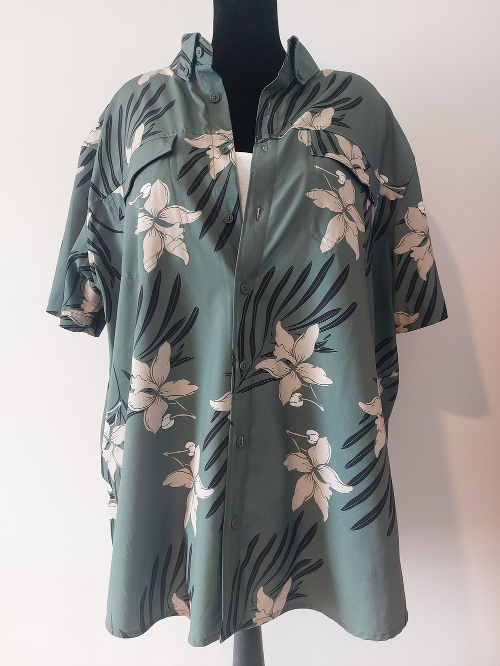 Hurley Green Floral Hawaiian Moisture Wicking Button Down Shirt Men's XXL